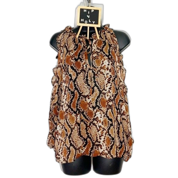 1. State Serene Snake Print Ruffled Cold Shoulder Blouse Brown Black Size Small - Picture 2 of 11
